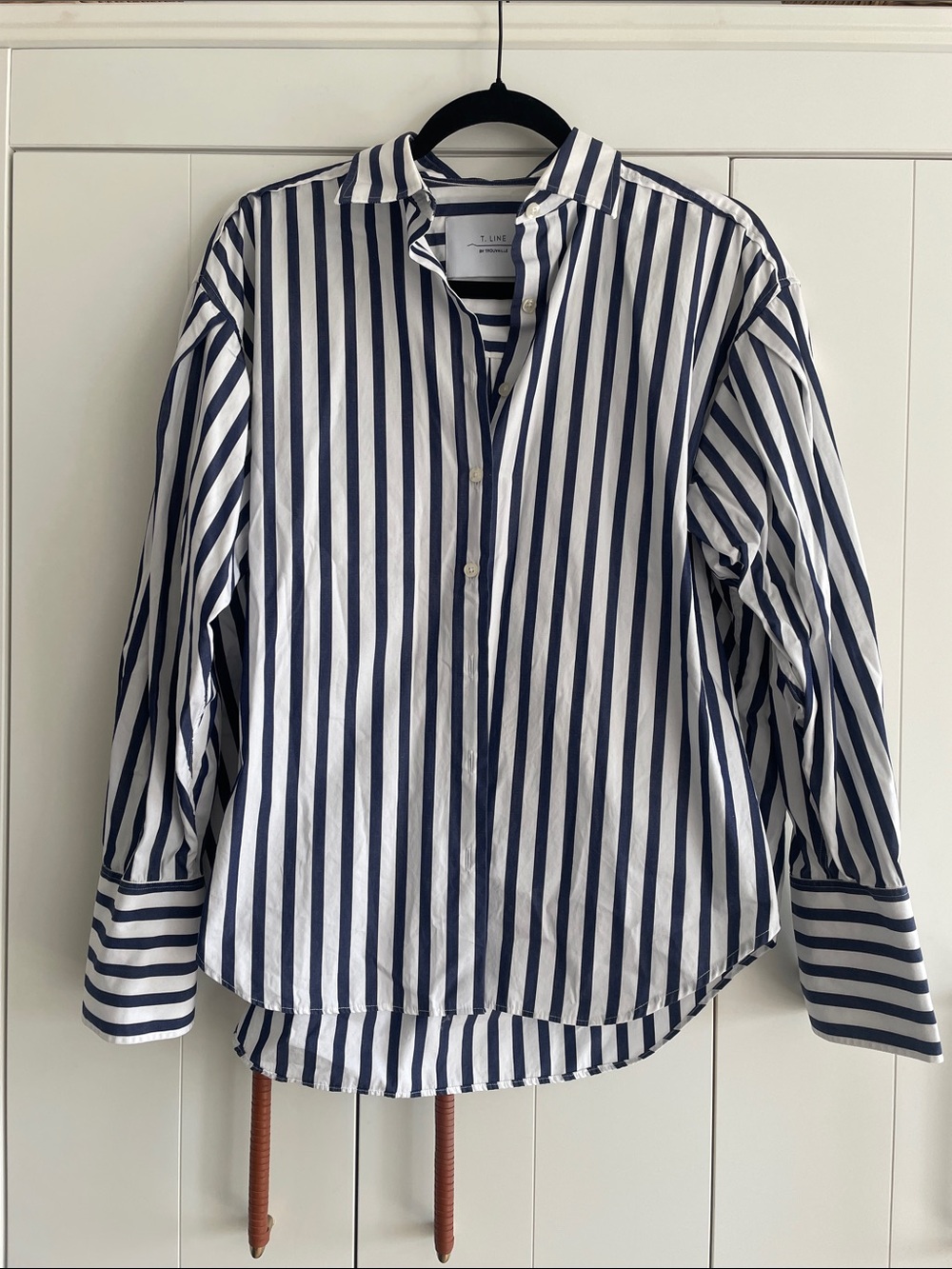 Striped Navy and White Button-Front Women's Blouse m-l